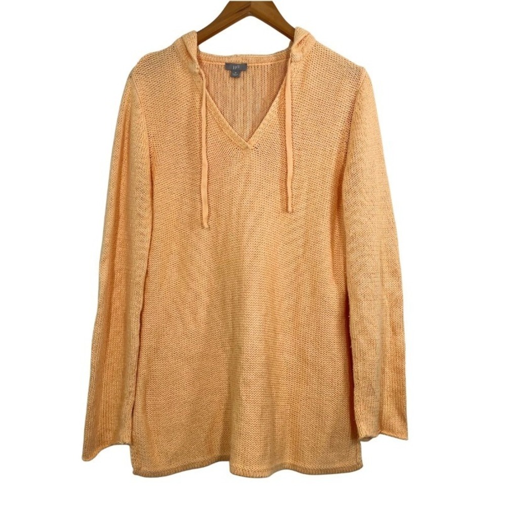 J. Jill Hooded Knit Sweater Sz M Peach V-Neck Cotton Blend Pullover Lagenlook